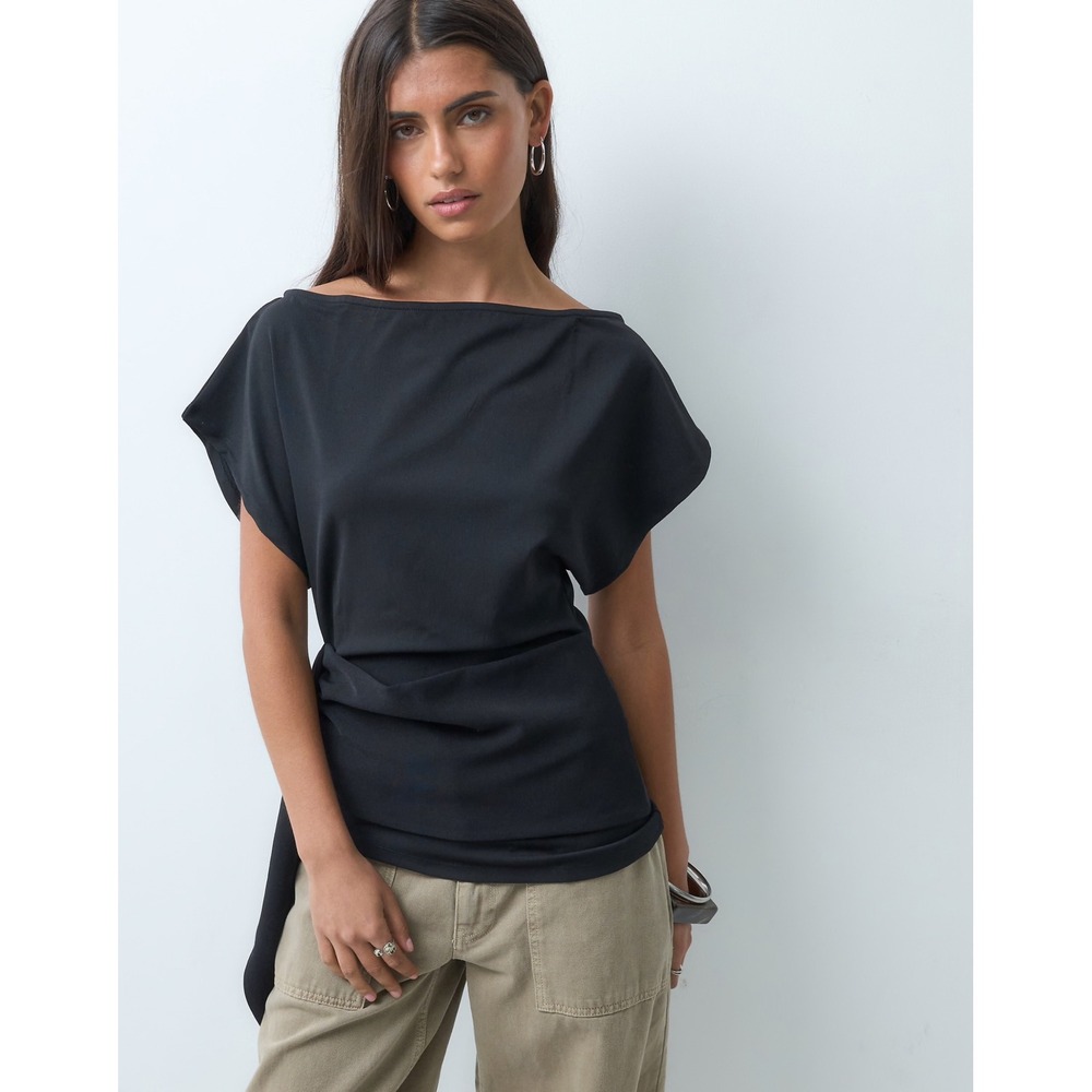 ASOS DESIGN Black Slash Neck Wrap Waist Top Cap Sleeve XS NWT